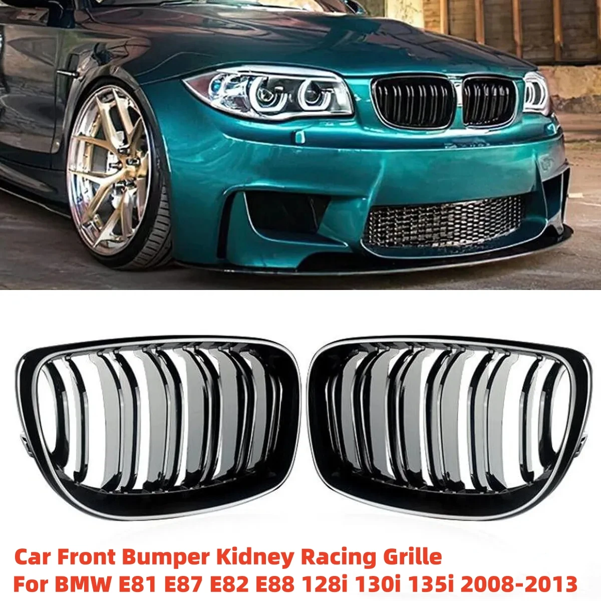 For BMW E81 E87 1-Series 128i 130i 135i 2004-2013 Front Bumper Kidney Grille 1Pair Double Slat Racing Grill Glossy Black Grille