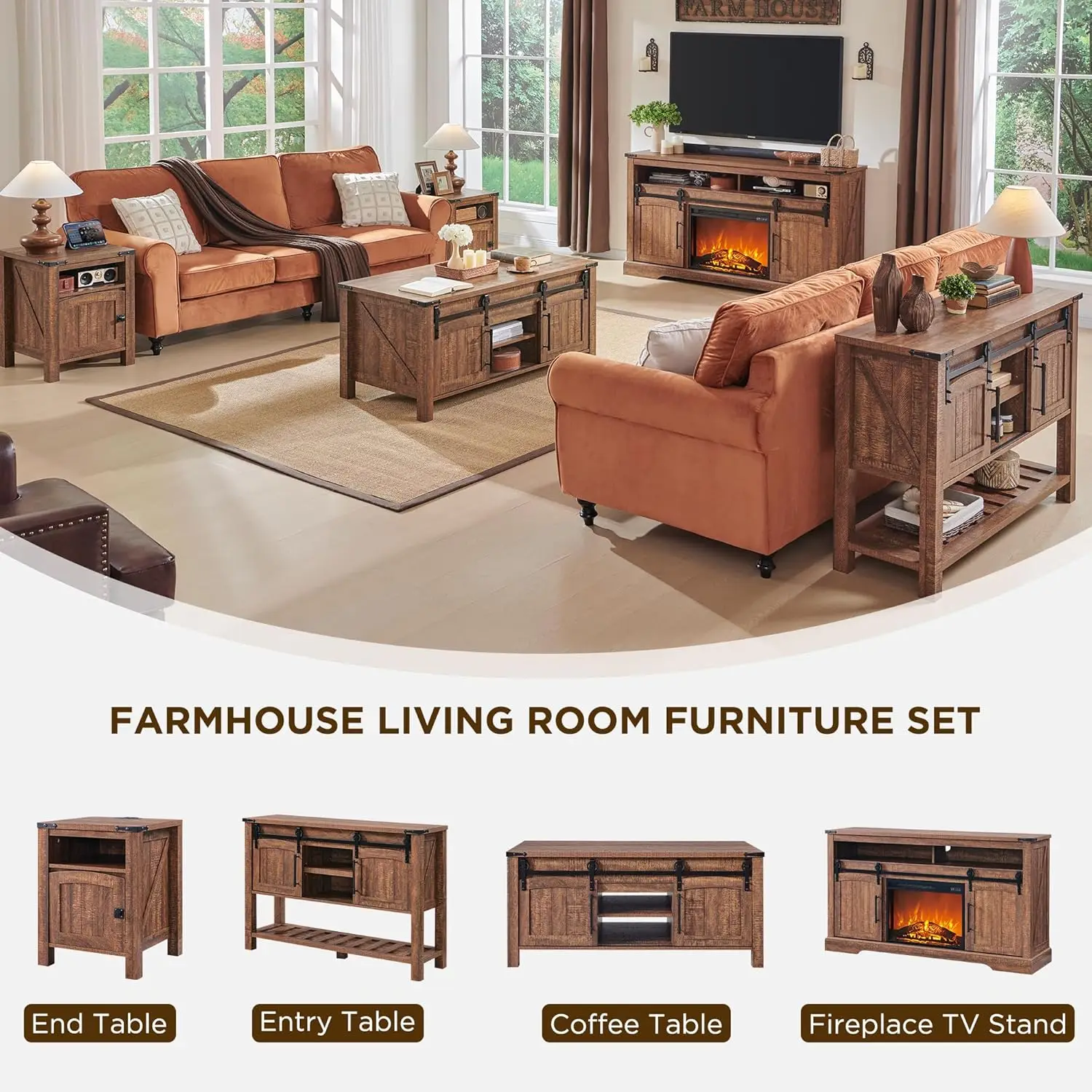 Okd Farmhouse Entryway Table With Sliding Arch Doors, 46"" Rustic Console Table With Adjustable Shelf & Open Shelf Space, Wood