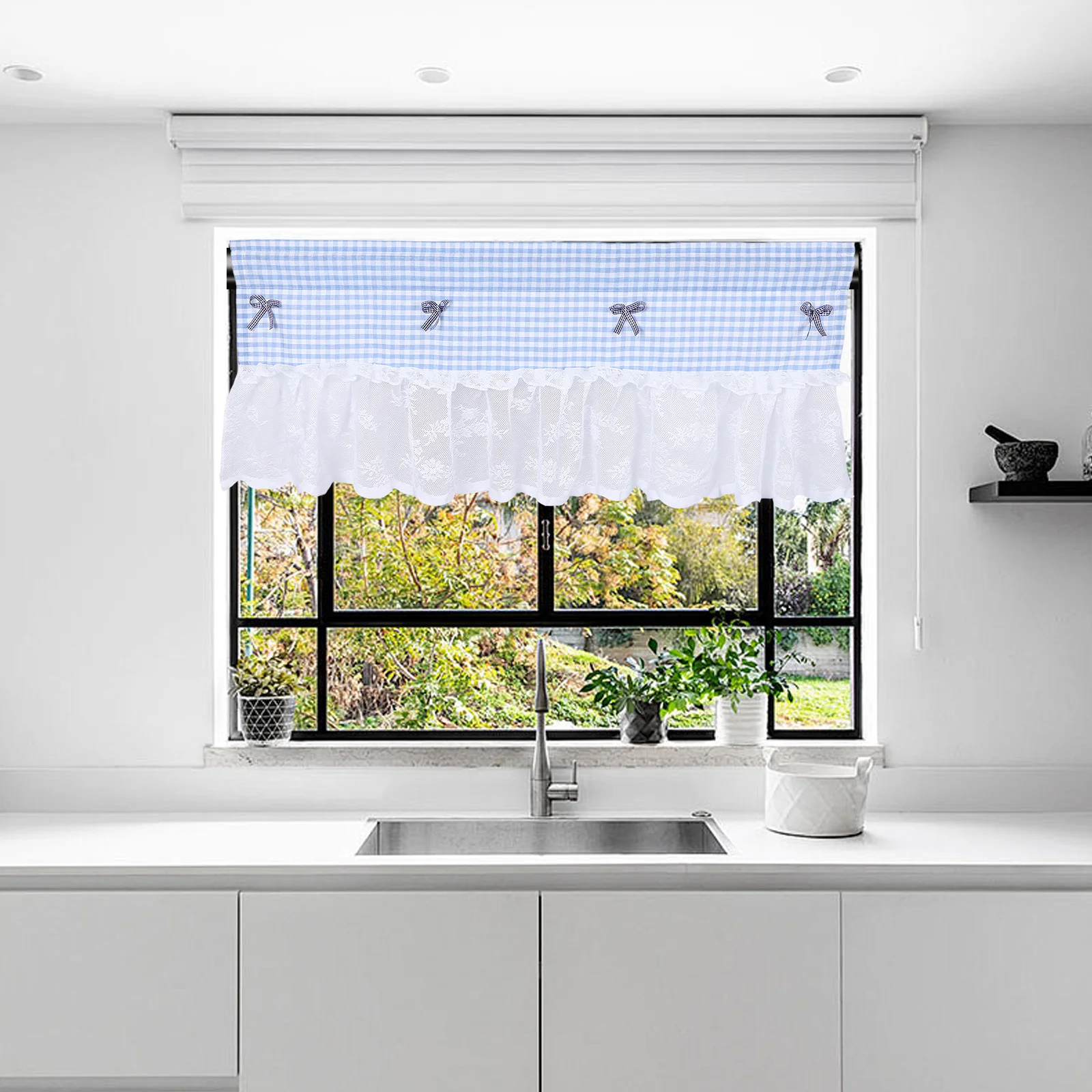 

1Pcs Blue Grid Lace Cafe Curtain Short Semi Window Curtain for Living Room Bedroom Natural Light Filter Decorative Hanging Drape