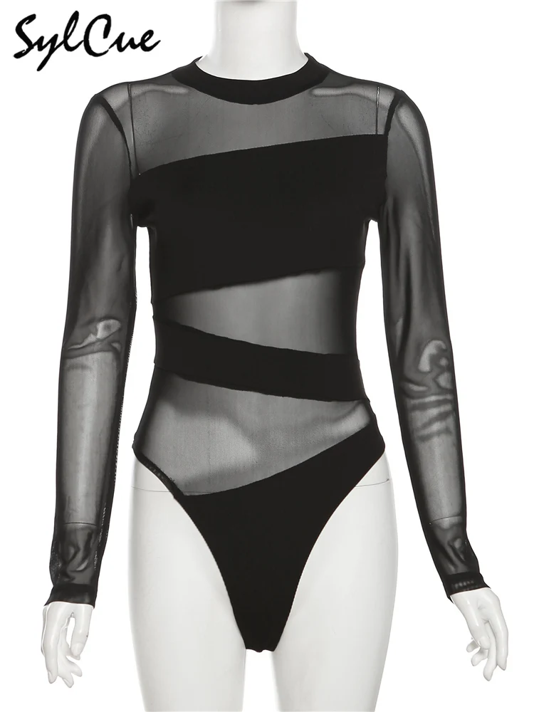 Sylcue-Macacão preto de manga comprida feminino, Apertado, Sexy, Perspectiva, Todos os jogos, Na moda, Rua principal, Confiante, Mulheres