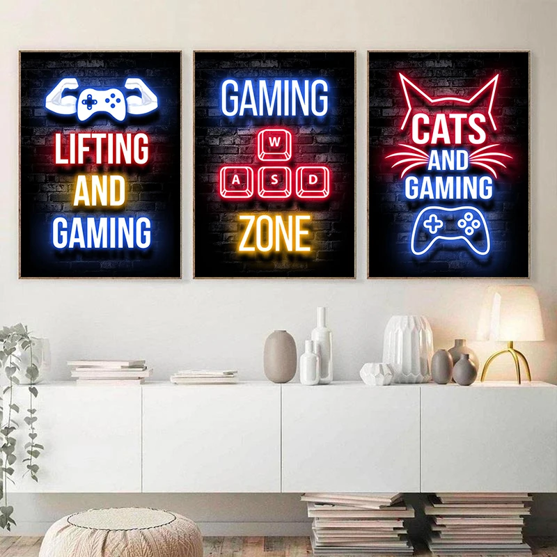 Modern Cool Neon Lights with Alphabet Gamepad Headset Pattern Canvas Painting Prints Living Room Wall Pictures cyber cafe Decor