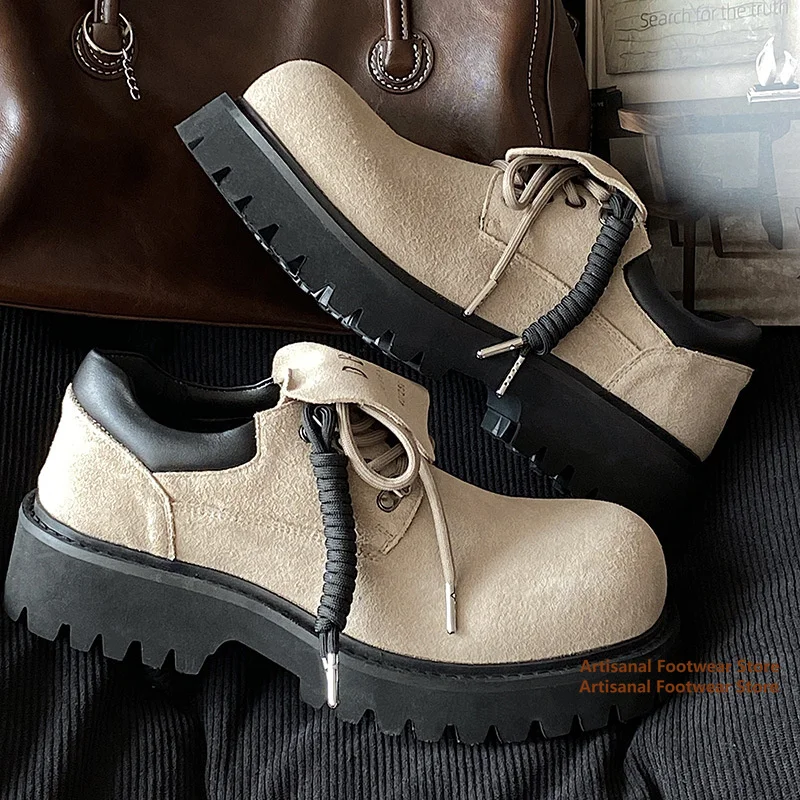 

Thick Soled Suede Derby Shoes Men's Retro Big Round Toe Leather Casual Shoes Height Increasing Trendy New In Men's Shoes