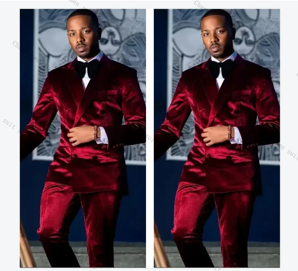 

Burgundy Velvet Men Suits Set 2 Pcs Blazer+Pants Trousers Wedding Tuxedos Formal Office Customized Prom Dress Jacket Coat