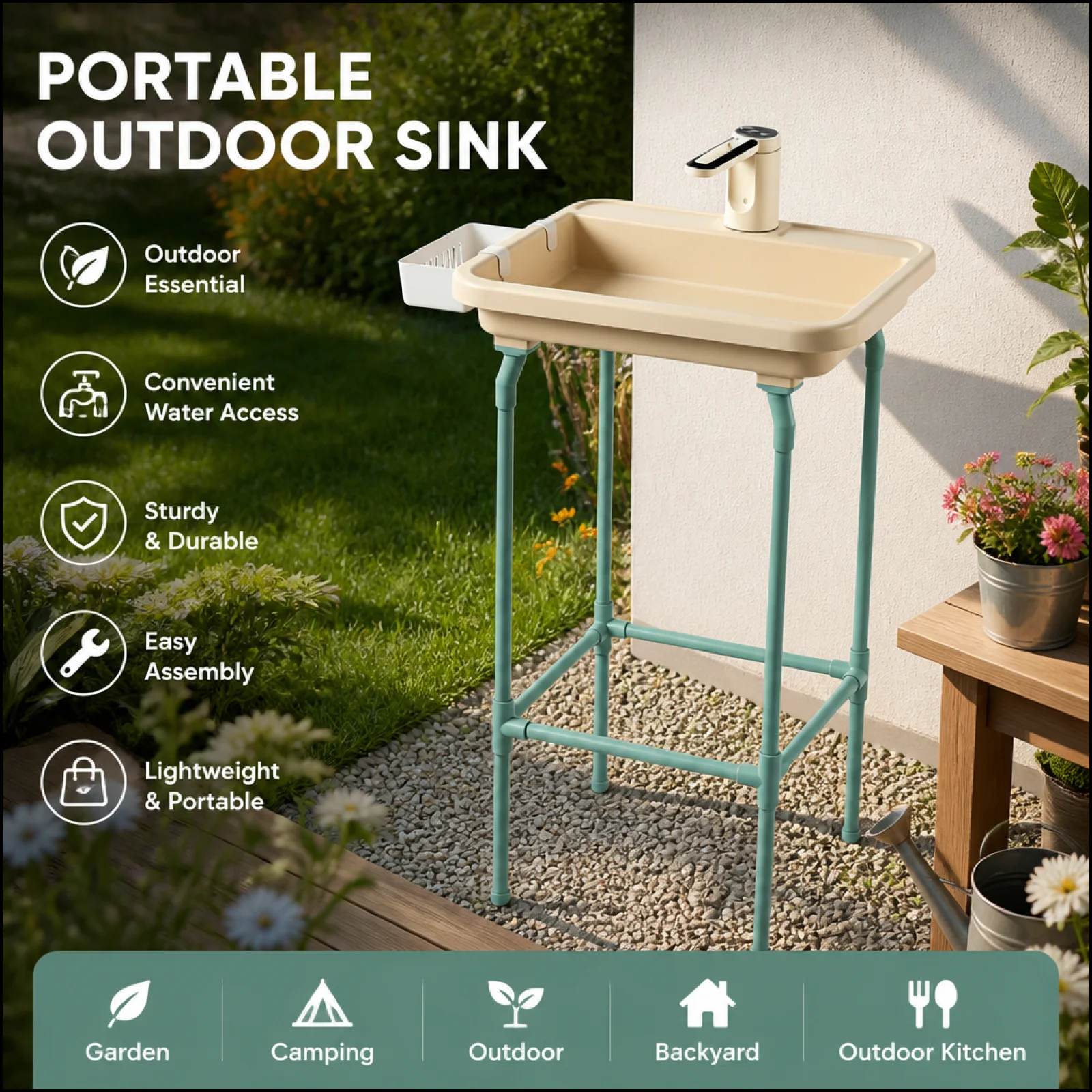 

Kitchen Utility Sink Portable Camping Washbasin with Tap for Picnics Gardening Outdoor Bathrooms
