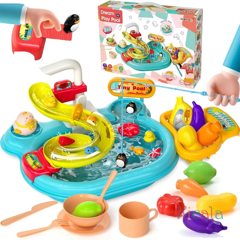 Kitchens Play Food Kitchen Sink Toys 3 in 1 Fishing Pool Toys Pretend Role Play Toys for Boys Girls