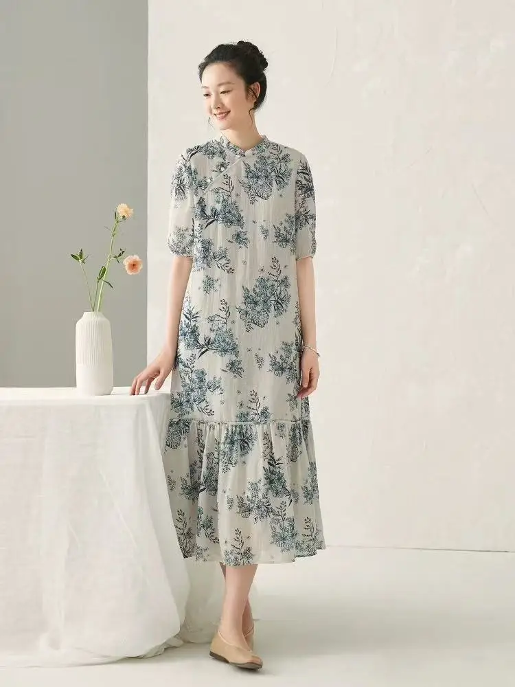 Robe d'été en lin à manches courtes pour femmes, nouveau Style, à la mode, nationalité chinoise, Design de peinture imprimé, robe trapèze N747