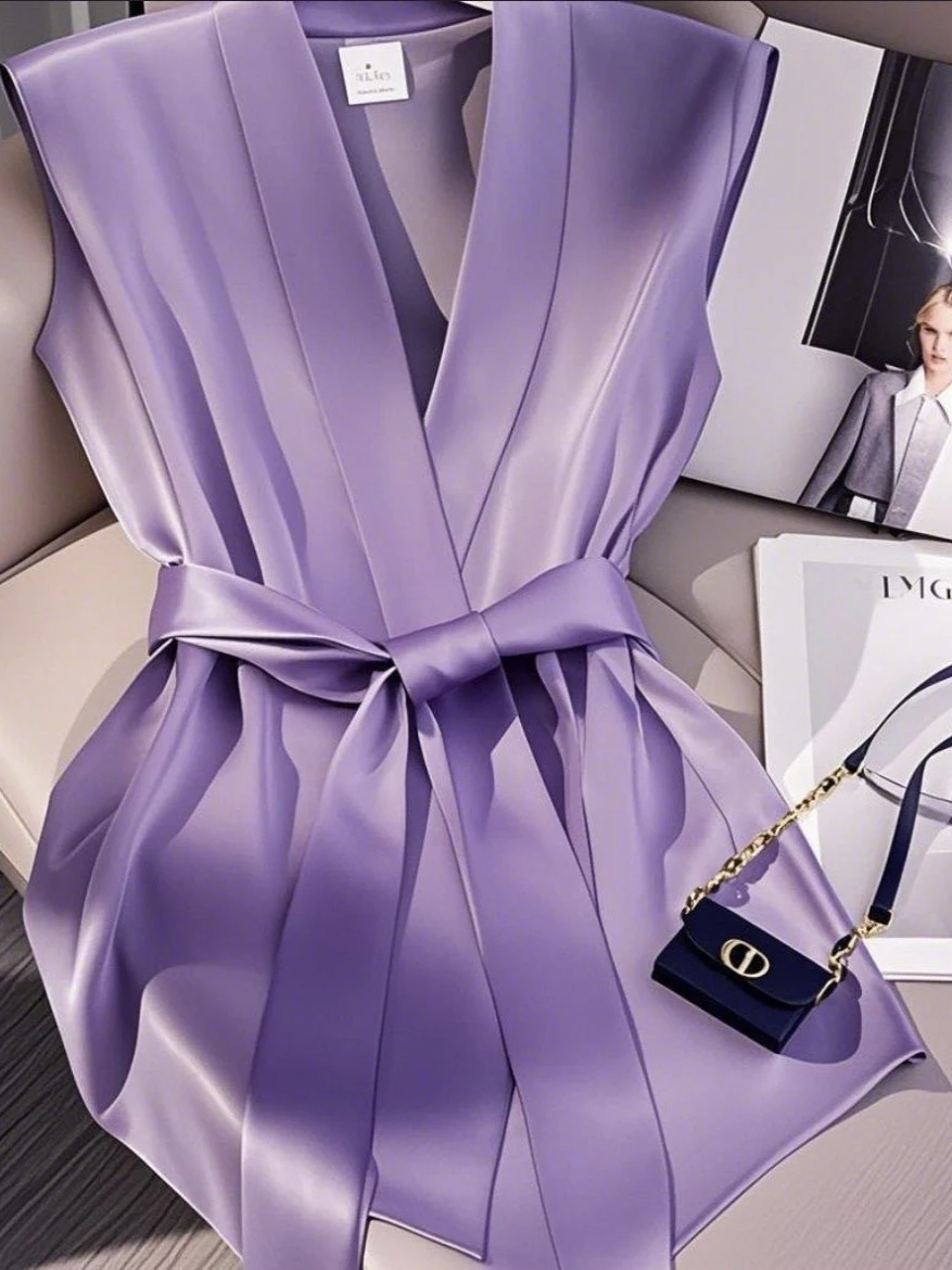 우아한 허리 조임 셔츠 여성 패션 여름 탑 독특하고 스타일리시한 브이넥 중간 길이 캐주얼 셔츠 출퇴근 스타일 순색