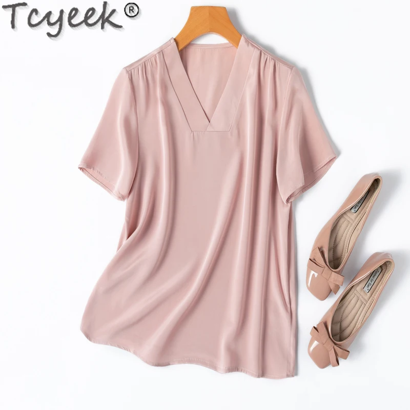 Tcyeek 93% Mulberry Silk T-shirts for Women 2024 Elegant Women's T-shrt Summer Clothes Топ Женский 26mm Real Silk Womens Tops