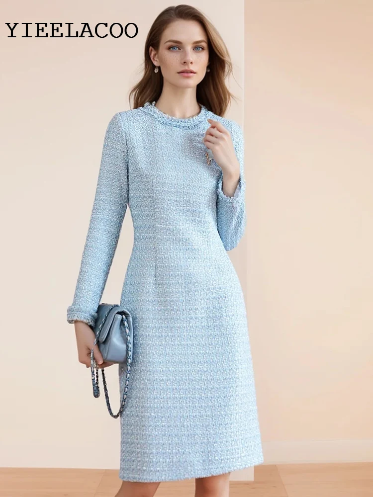 Blue Tweed Dress 2024 spring / autumn women\'s dress  tassel  slim  one-piece  Ladies Classic bottoming dress