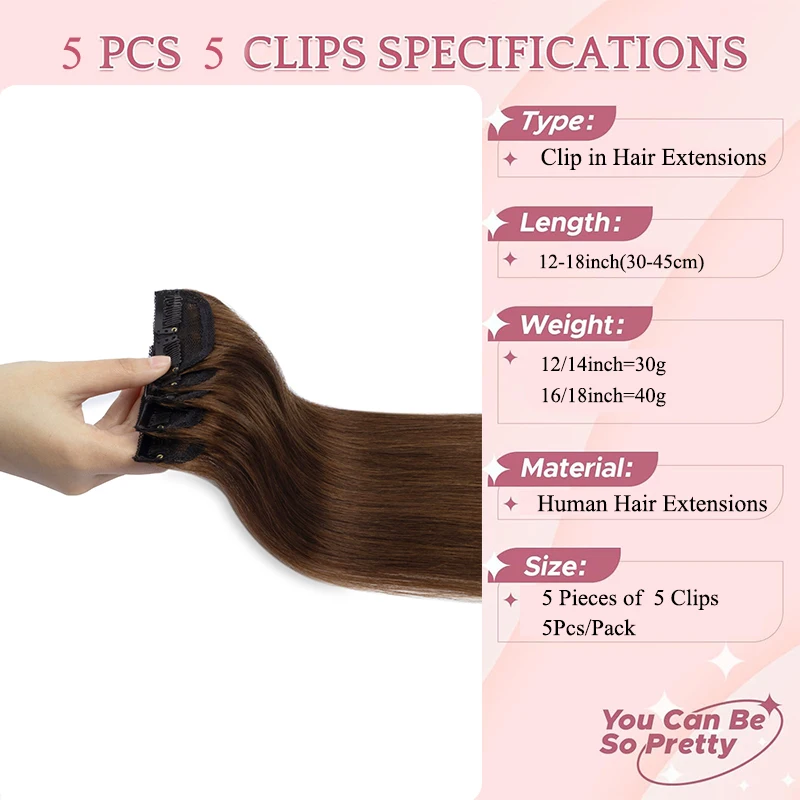 5Pcs Mini Clip In Hair Extensions Real Human Hair Extensions for Short Hair Seamless Hairpieces for Women 12-18inch 30-40g