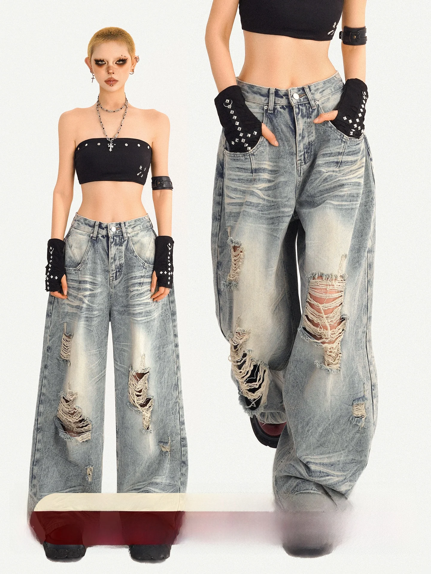 

Retro American Sle Hole Denim Jeans Women's Loose Straight Leg Pants High Street Faion Spring New Arrival NICO MOLLY