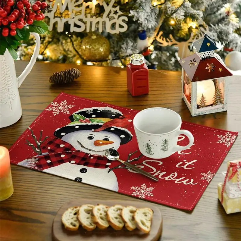 AT84-Red Christmas Winter Placemats Set Kit 12X18 Inch Seasonal Christmas Holiday Table Mats Set Of 6