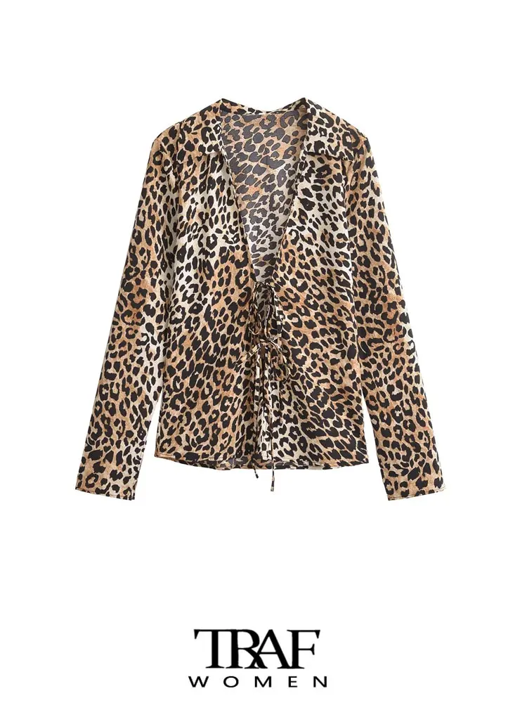 TRAF-Lapel Collar Long Sleeve Blouse for Women, Animal Print, Tied Leopard Shirts, Chic Tops, Sexy Fashion