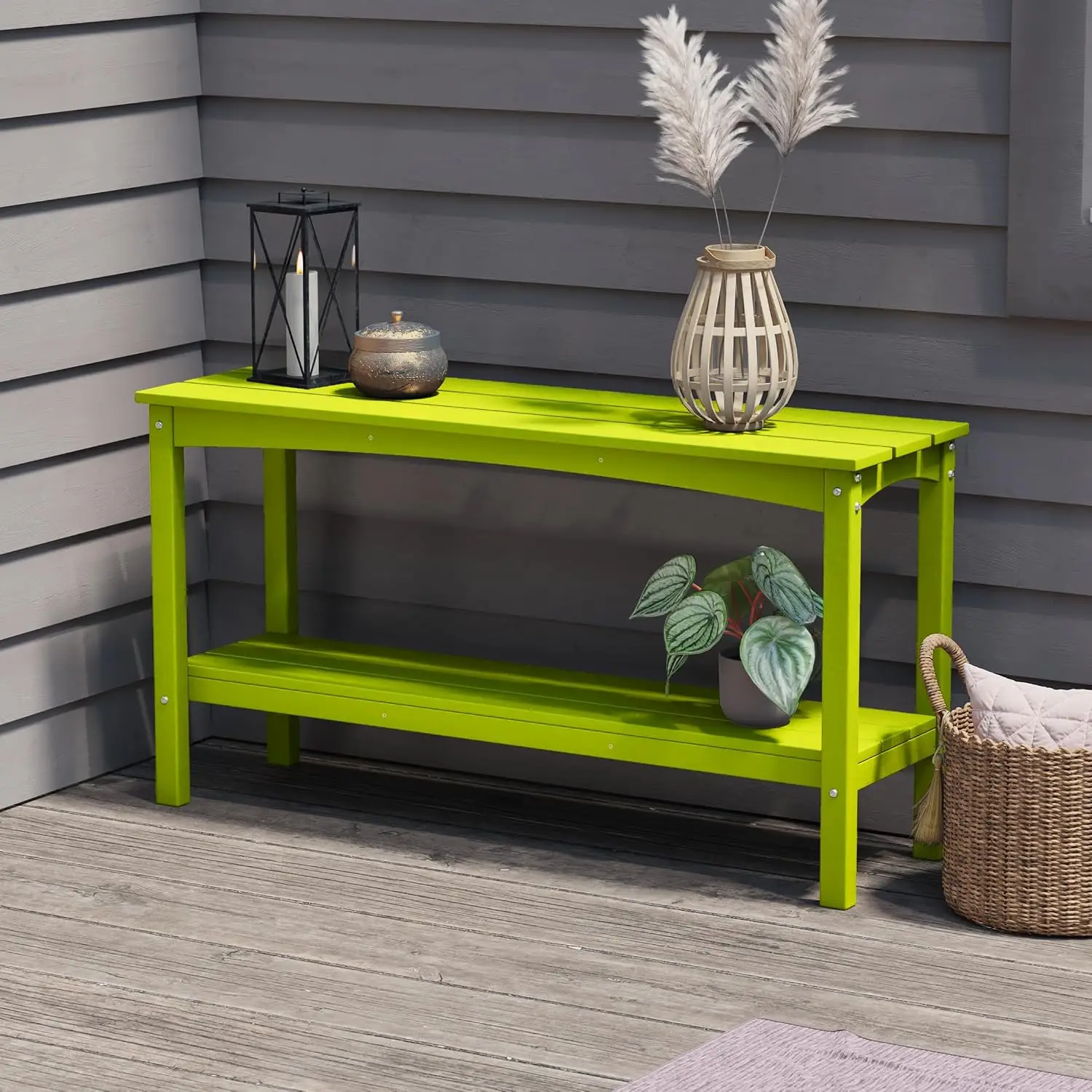 Outdoor Side Table Storage Organizer Display Rack For Patio Porch Pool Backyard, Weather Resistant HDPE End Table Holder With Lower Shelf, Coastal Style, Lime, 1 Piece
