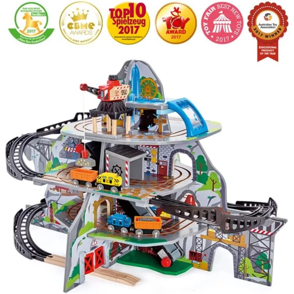 Wooden Railway Mighty Mountain Mine Railway Playset| 4-Level Railway Train Track Playset with Crane and Magnetic Train Cars