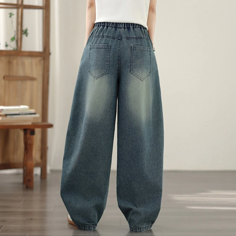 Masss Wasss 2026 Spring Loose Leisure Denim Pants Ladies Vintage Classic Soild Jeans Womens Korean Design Elastic Waist Trousers