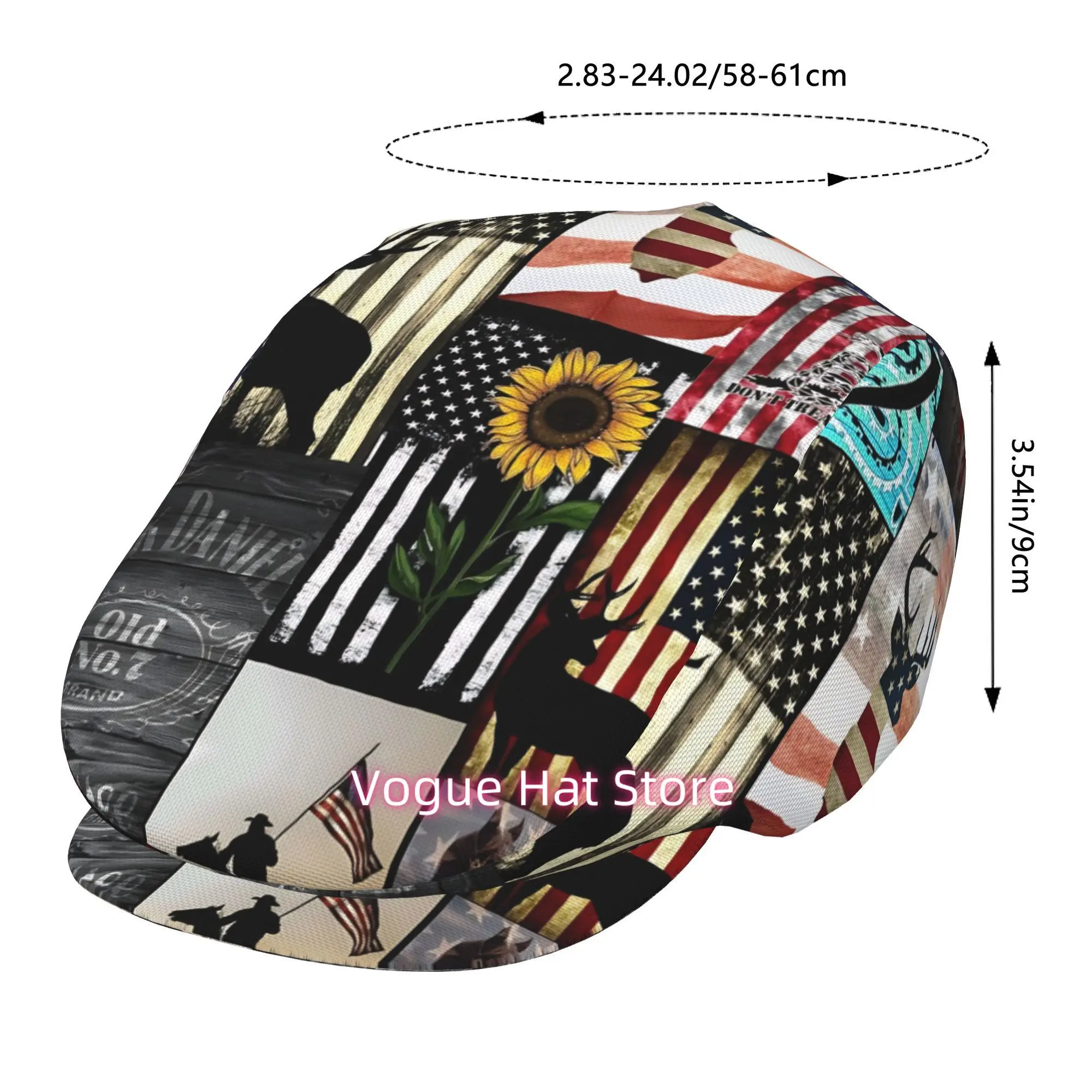 1pc of an All-Over Printed Beret Featuring The American Flag Buck Logo Outline, a Vintage Newsboy Cap That Is Unisex And Essenti
