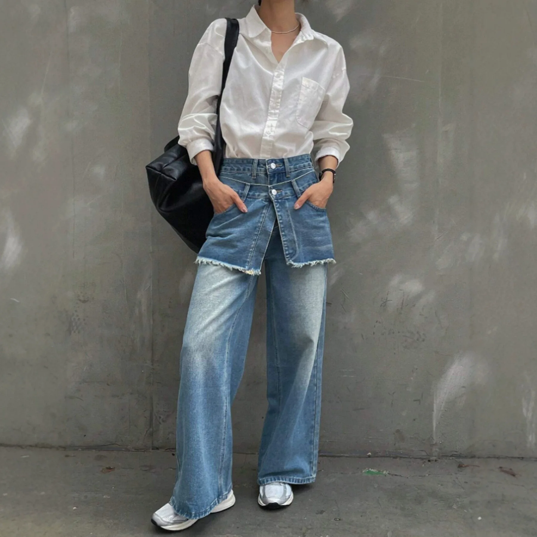 Women Vintage Blue Wide Leg Jeans American Retro Fake Two‑Piece Frayed Hem High Waist Loose Casual Denim Long Pants