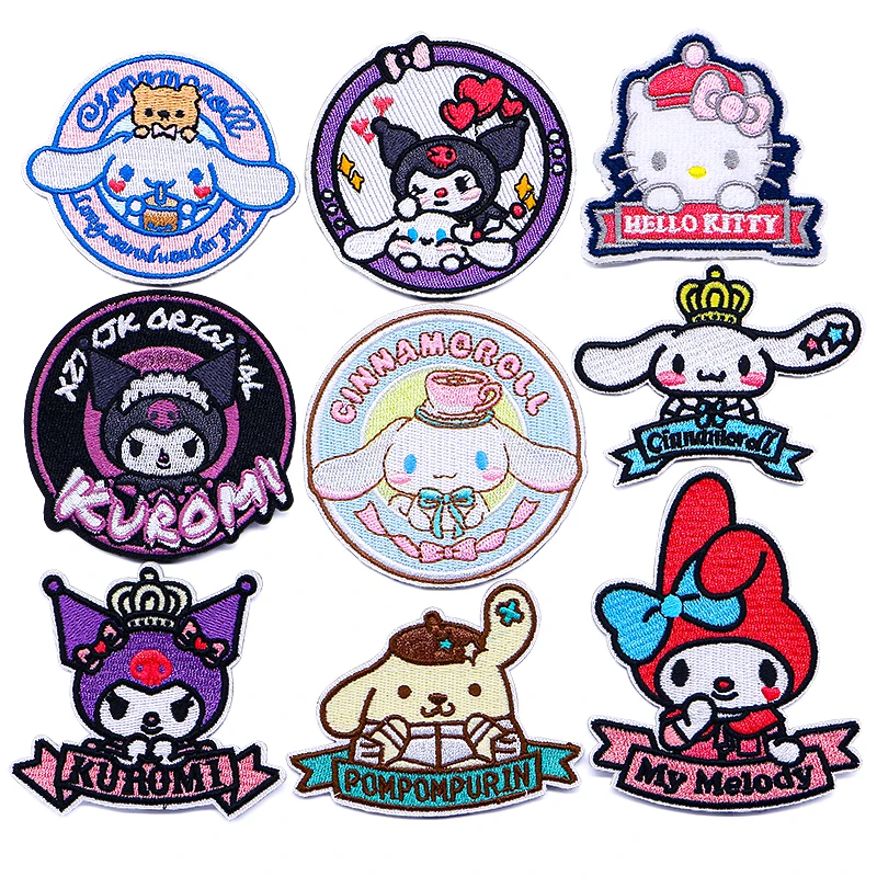 

MINISO Round Cute Hello Kitty Kuromi Bow Crown Icon Embroidery Applique Patches For Clothing DIY Iron on Patch on the stickers