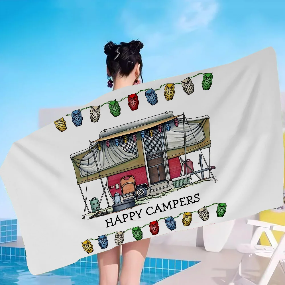 

Happy Campers Beach Towel Colorful Bath Towels For Girl Microfiber Quick Dry Custom Sand Free Beach Yoga Spa Gym Pool