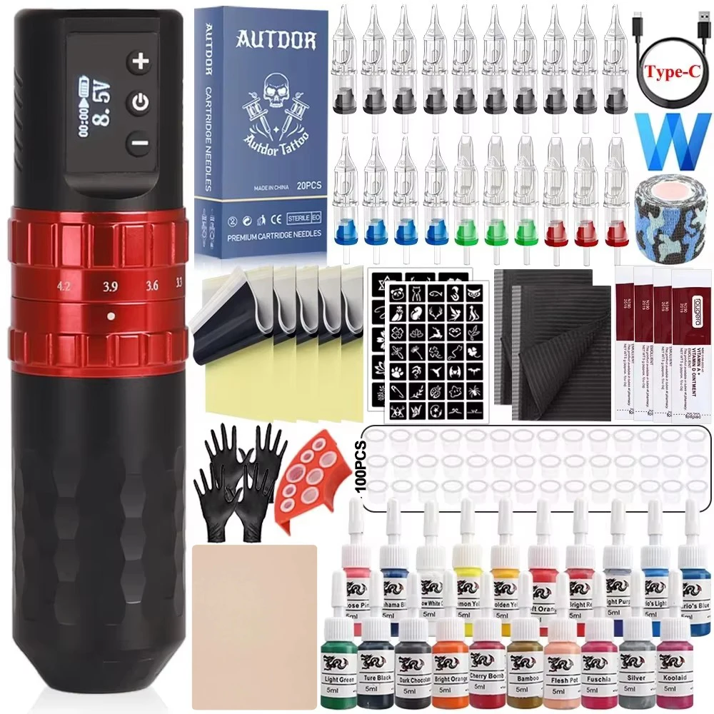 Professional Wireless Tattoo Machine Pen Kit Coreless Motor Tattoo Pen with Mix Cartridge Needle Ink Set for Tattoo Artist