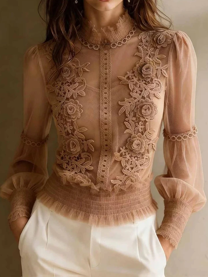 

Элегантная женская блузка с длинным рукавом, приталенная, однотонная, для повседневной носки, весна-лето, новинка, с объемным цветочным узором, сетчатая, женская рубашка