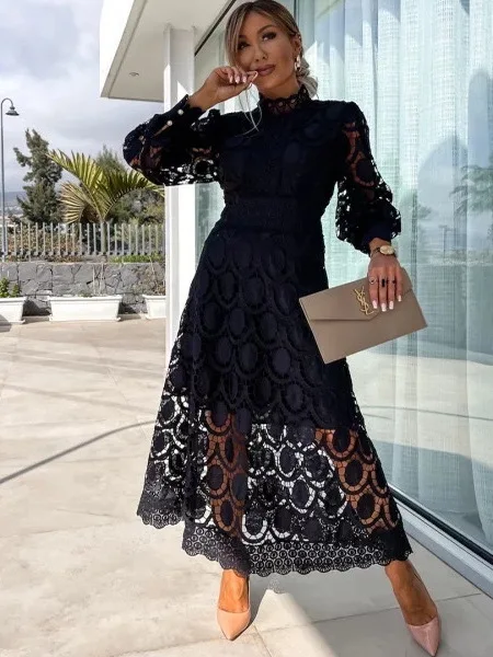 Sexy Lace Standup Collar Cutout Dr Street Sle Splice Midi Long Sve Polyester Summer Faion A-Line Gown without Brand