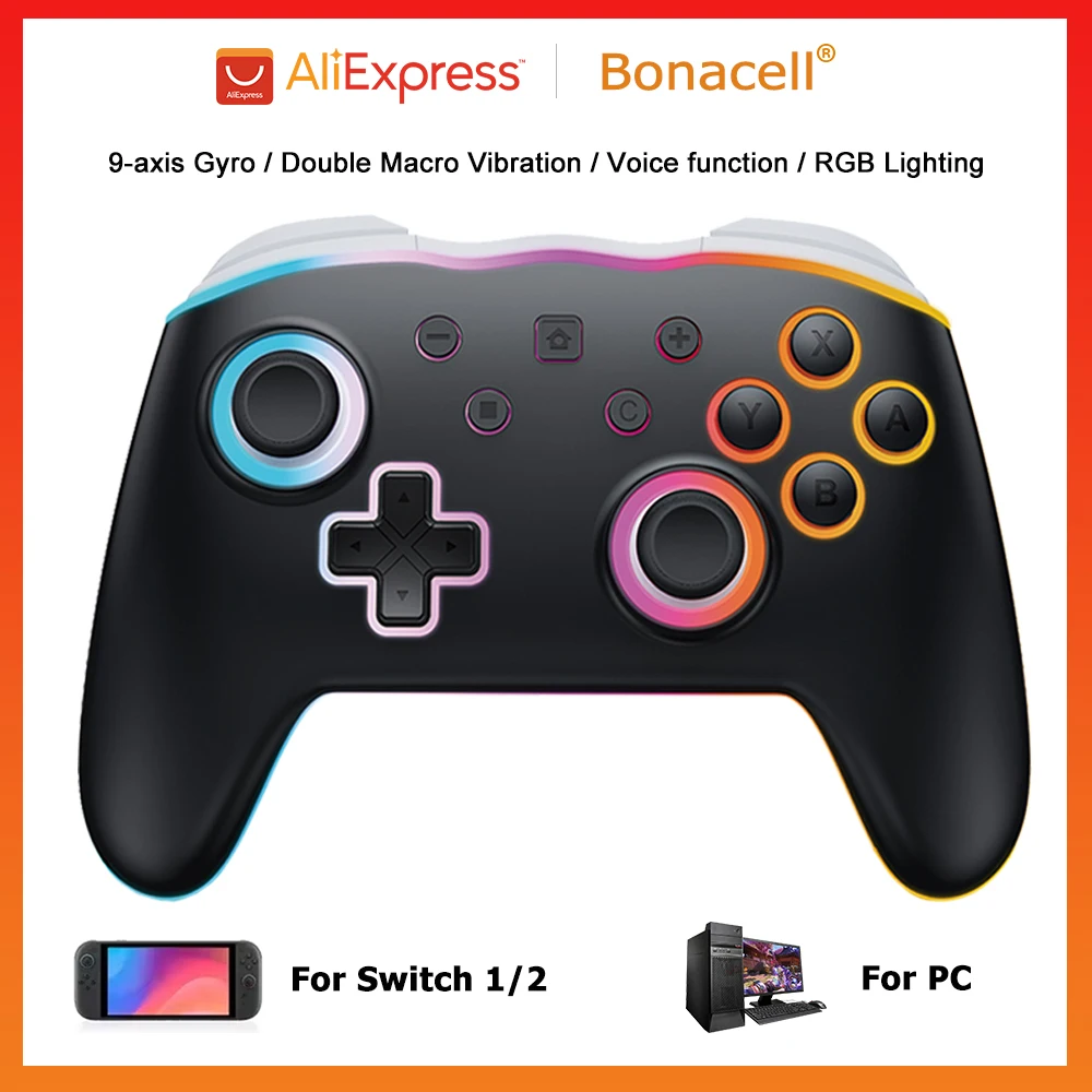 For Nintendo Switch 1/2 Wireless Controller RGB Controller 9-Axis Gyro Sensor Joypad Turbo Programable Game Pad Joystick