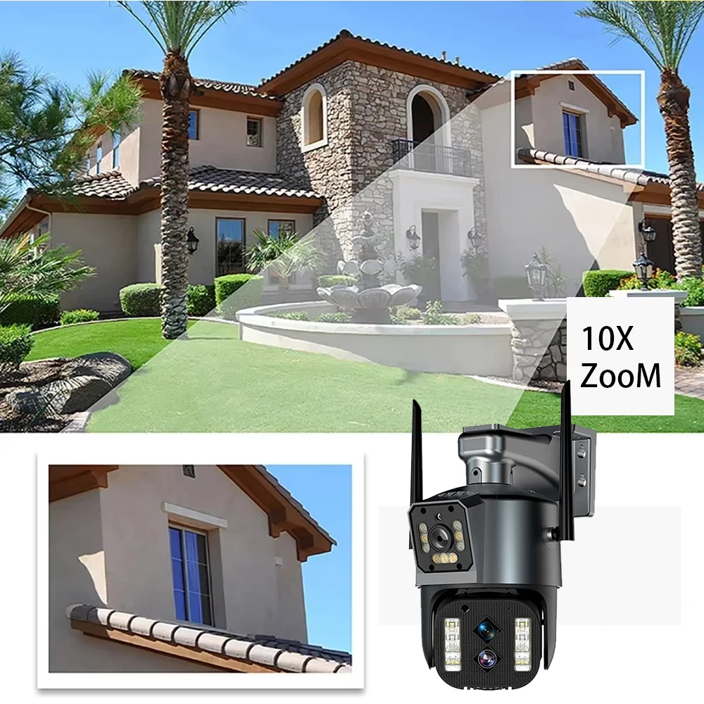 12MP 6K HD 10X زووم بصري كاميرا أمان WiFi اتجاهين الصوت PTZ ثلاثة عدسة شاشات مزدوجة كاميرا شبكة مراقبة CCTV لاسلكية للمنزل