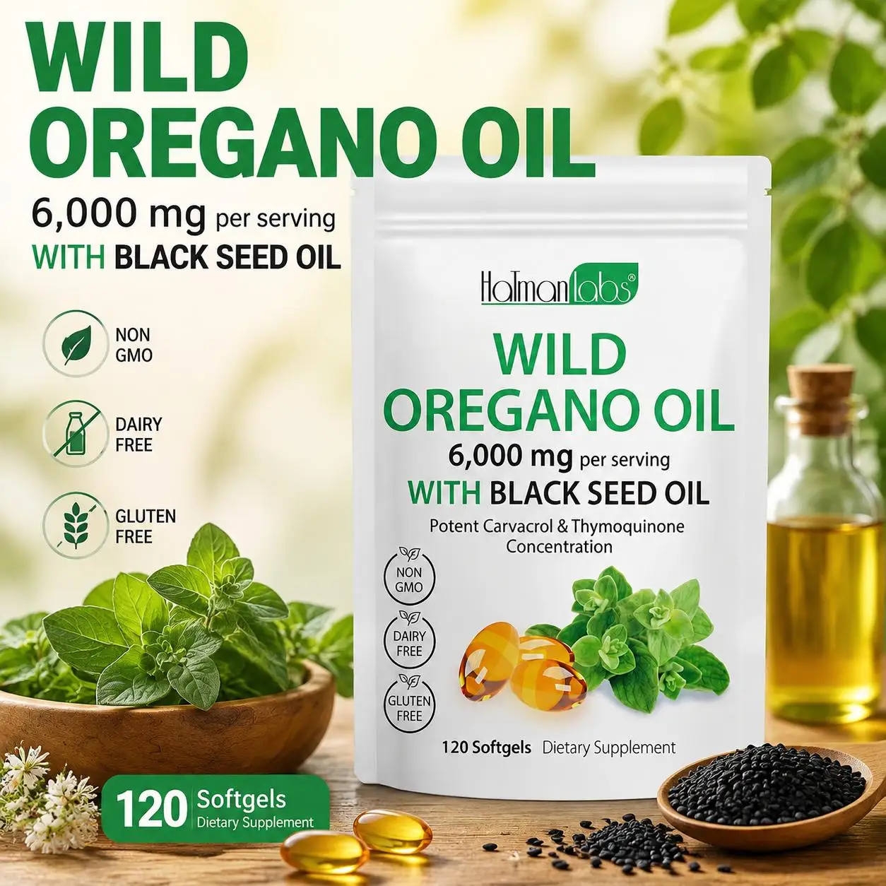 Wild Oregano Oil with Black Seed Oil Softgels, Carvacrol & Thymoquinone for Immune Defense & Digestive Comfort, 120 Softgels