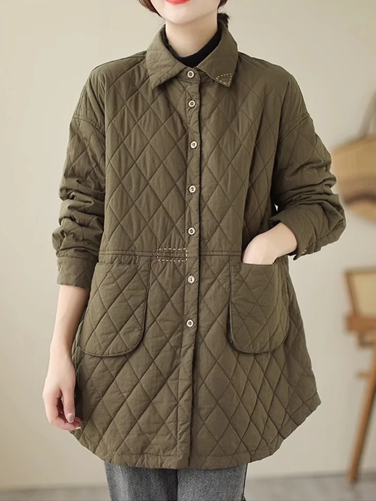 Women Quilted Outerwear Shirts 2024 New Autumn Winter Light Weight Vintage Plaid Parkas Warm Breathable Cotton-Padded Coat