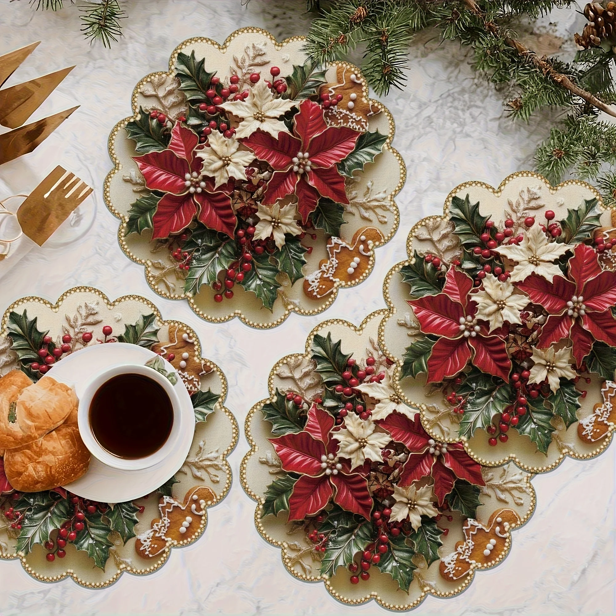 VIKAMA Poinsettia Gingerbread Scalloped Round Placemat Xmas Table Mat Waterproof Heat Resistent Plate Pad Holiday Dining Decor view 4