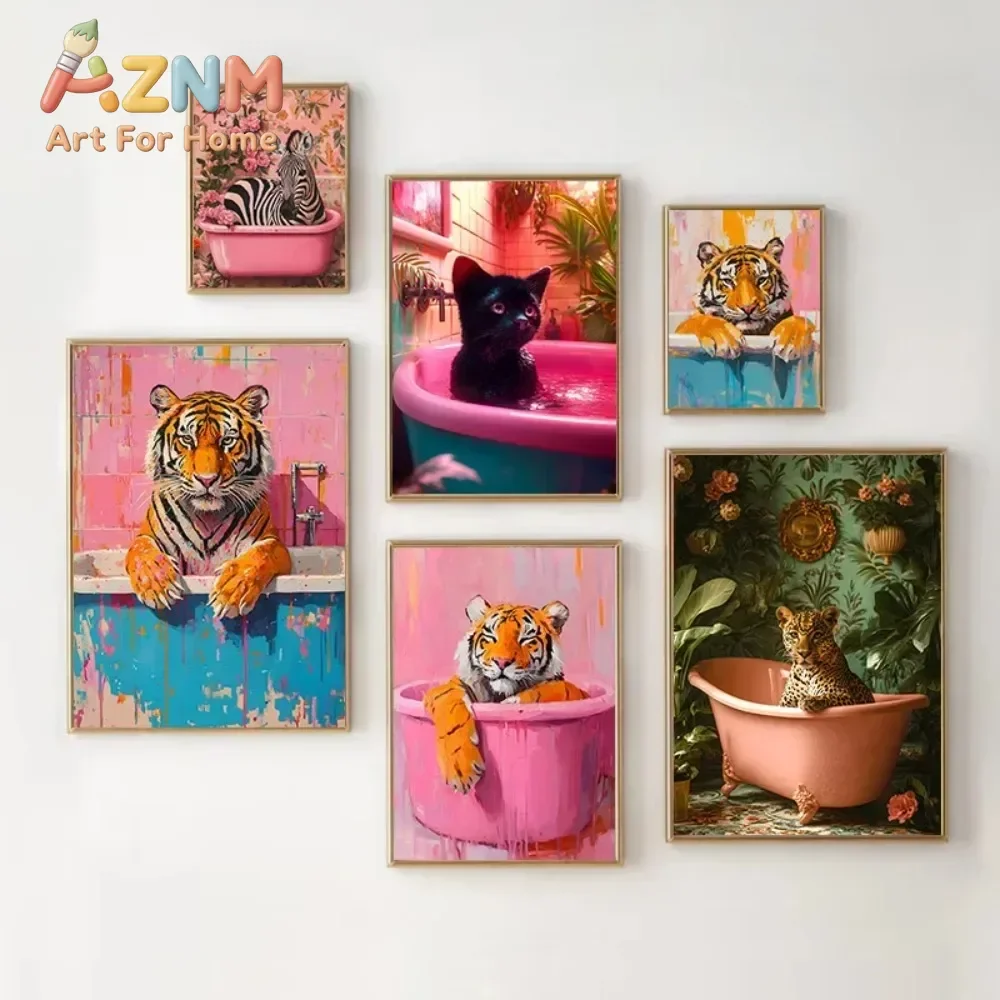 Colorful Mural Canvas Painting, Tiger, Cheetah, Black Cat in Bathtub, Abstract Pink Animal Painting, Printed Poster, Living Room