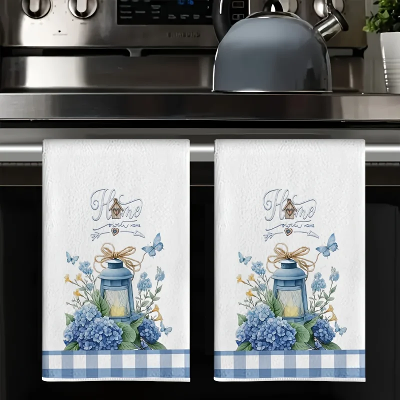 2Pcs, Blue Hydrangea Butterfly Oil Lamp Kitchen Towel, 40Cm*60Cm Towel Set, Best Kitchen Towel, Super Absorbent Soft Cleaning Cloth, Cooking and Baking Tea Towel, Hand Towel, Cleaning Cloth, Dishwashing Cloth, Kitchen Decoration, Living Room Decoration, Kitchen Essentials, Home Essentials