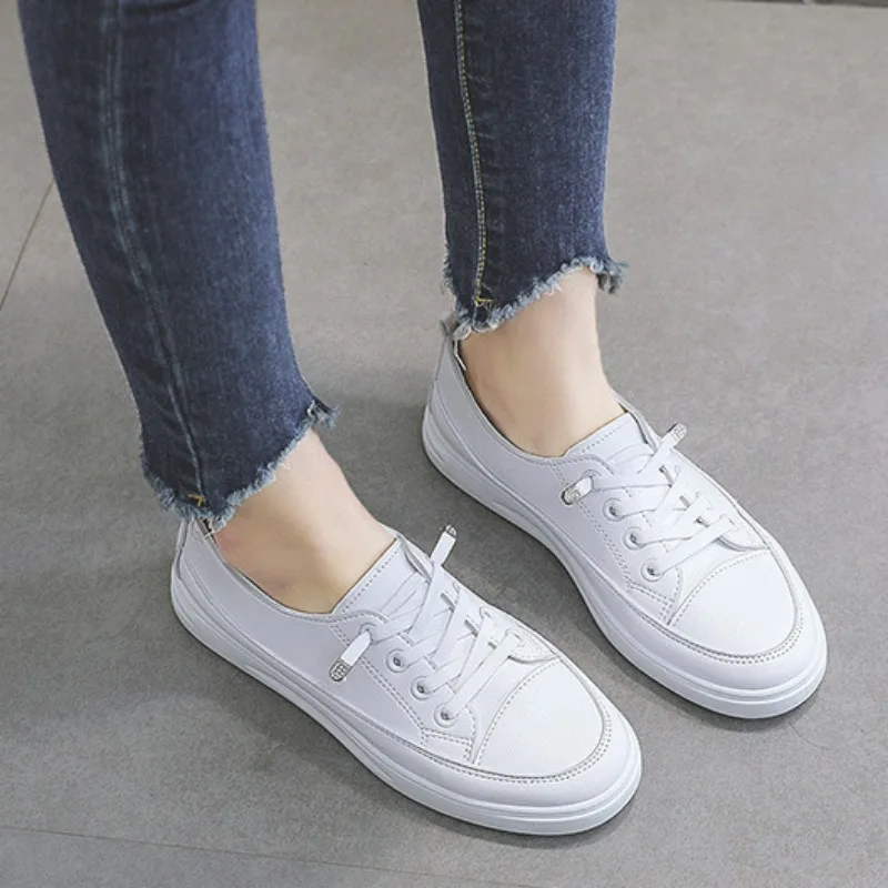 Women's Summer Little White Shoes Pu Leather Flats Comfort Breathable Loafers Shoes Shallow Vulcanize Shoes Chaussures Femme