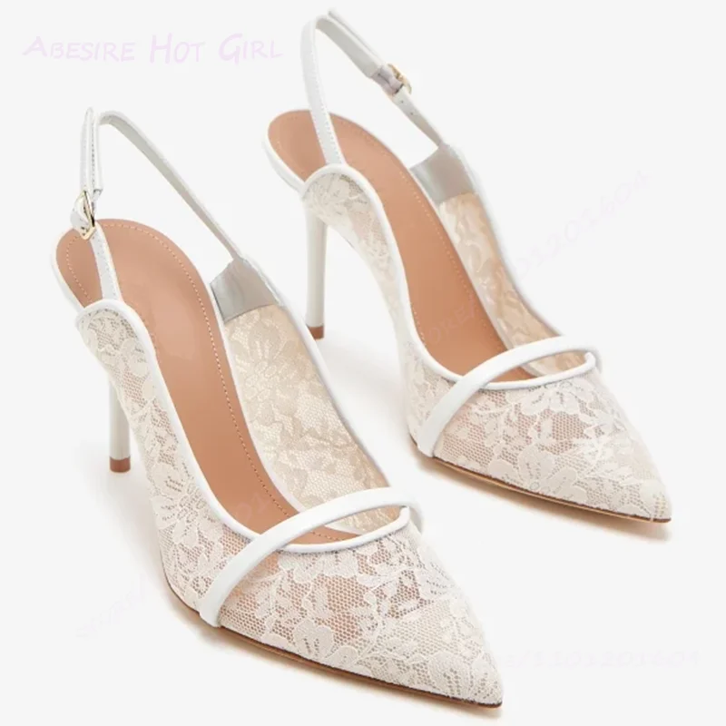 

White Lace Strap Kitten Heels Pointed Toe Women Elegant Wedding Sandals Open Heel Flower Embroidery Hollow Weave Concise Shoes