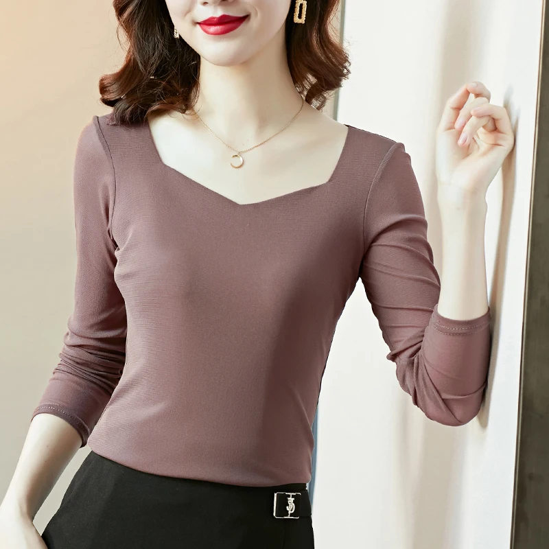 Spring Autumn Fashion Mesh T-shirts Women Vintage Square Collar Tops for Women Slim Black Office Lady T Shirts S-3XL