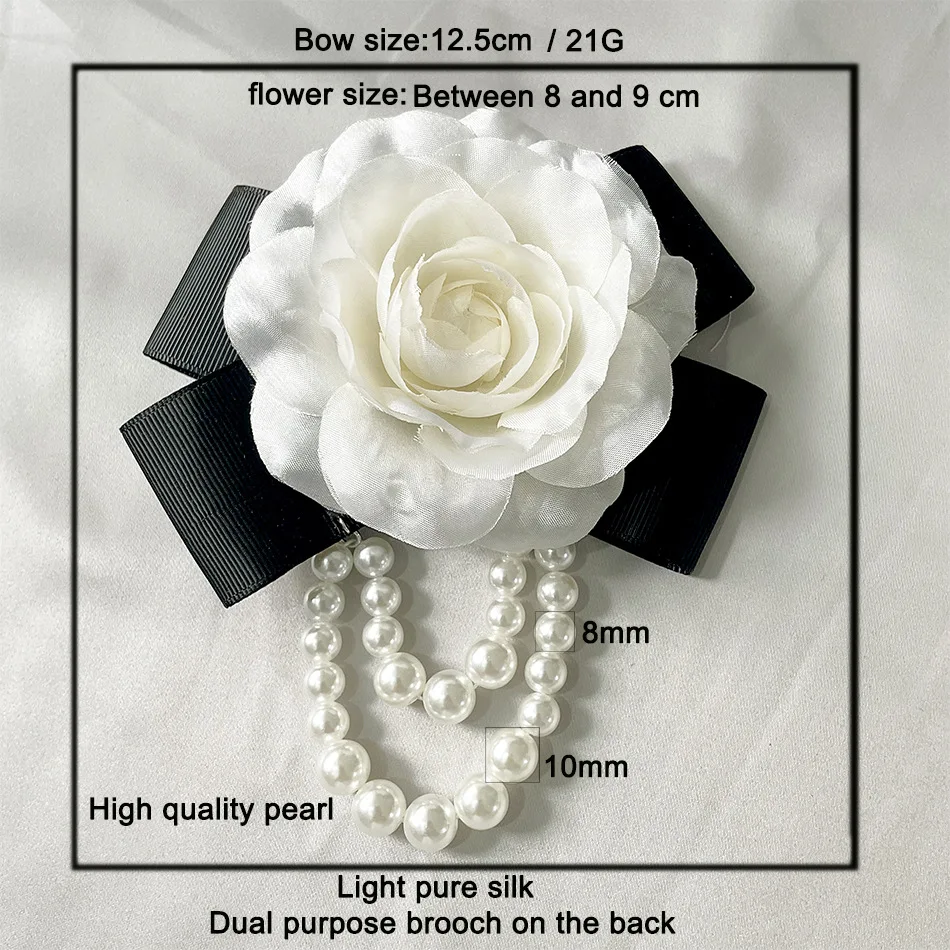 2022 Fashion Imitation Silk Fabric Camellia Flower Corsage Brooches Cream Color Pearl Ribbon Bow Brooch Pin Jewellery For Women