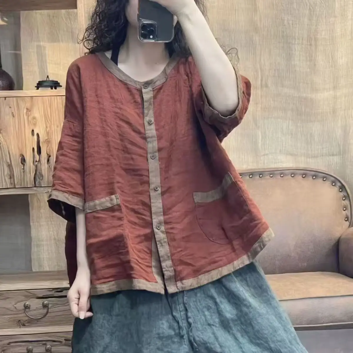 

Женская рубашка больших размеров в стиле ретро, свободного кроя, из льна, с круглым вырезом, верхняя одежда для весны и лета, новый модный стиль, для повседневной носки, в художественном стиле