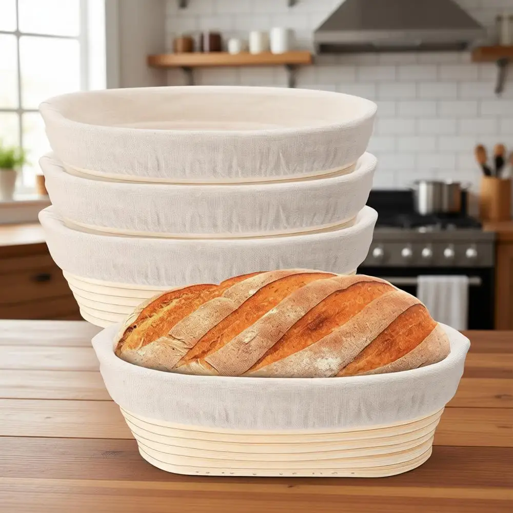 Juego de 4 Recipientes Ovalados de 10 Pulgadas para Fermentar Masa con Forros de Tela, Cestas de Ratán Hechas a Mano para Suministros de Panadería