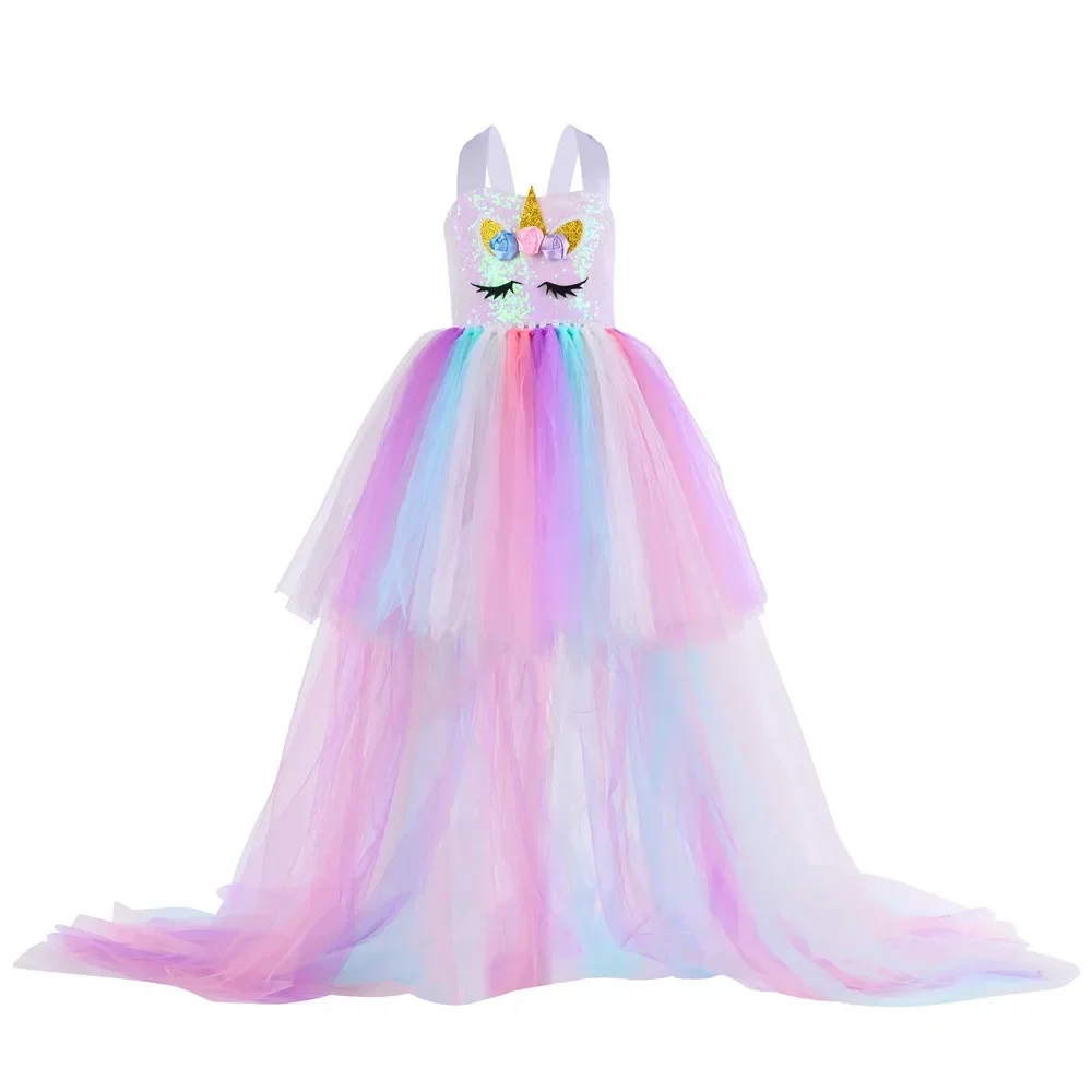 Kids Long Tail Unicorn Dress with LED Lights Girls Birthday Party Dress Princess Carnival Costume Hairband Pastel Rainbow Gown