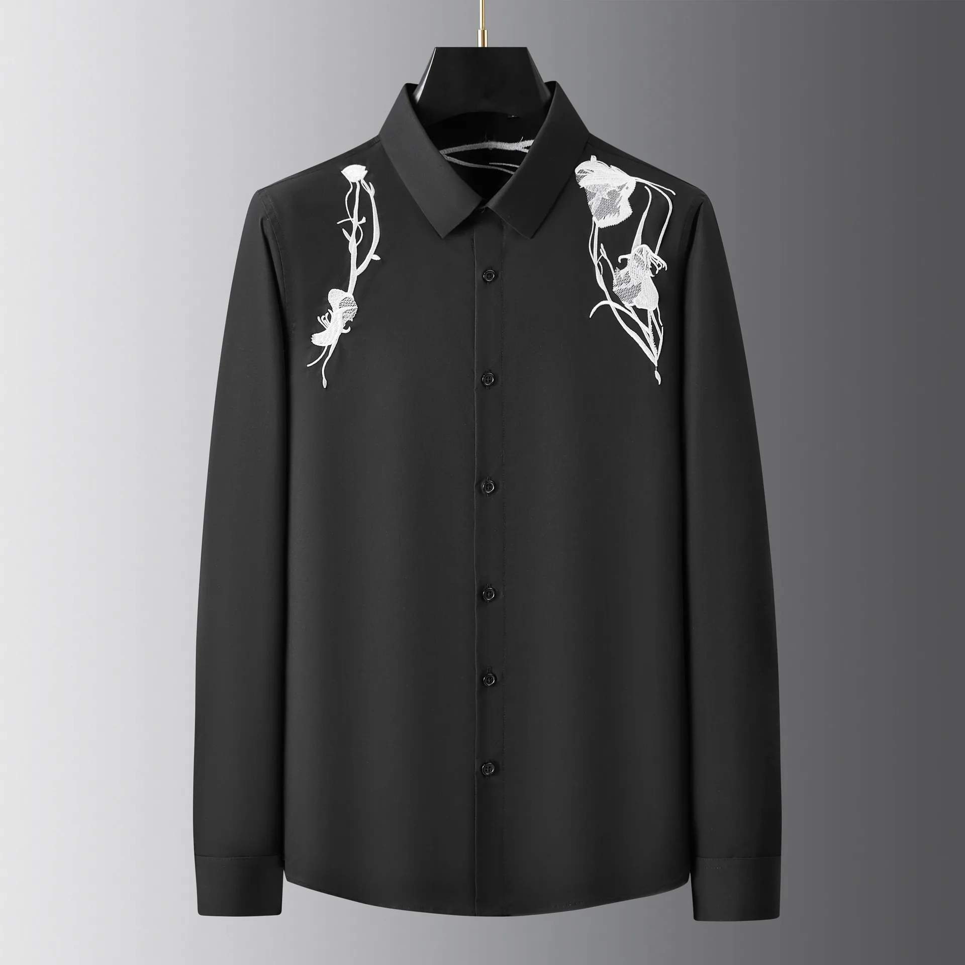 

Spring and Autumn New Style Lotus Embroidered Men's Long sleeved High end Shirt Factory Direct Sales