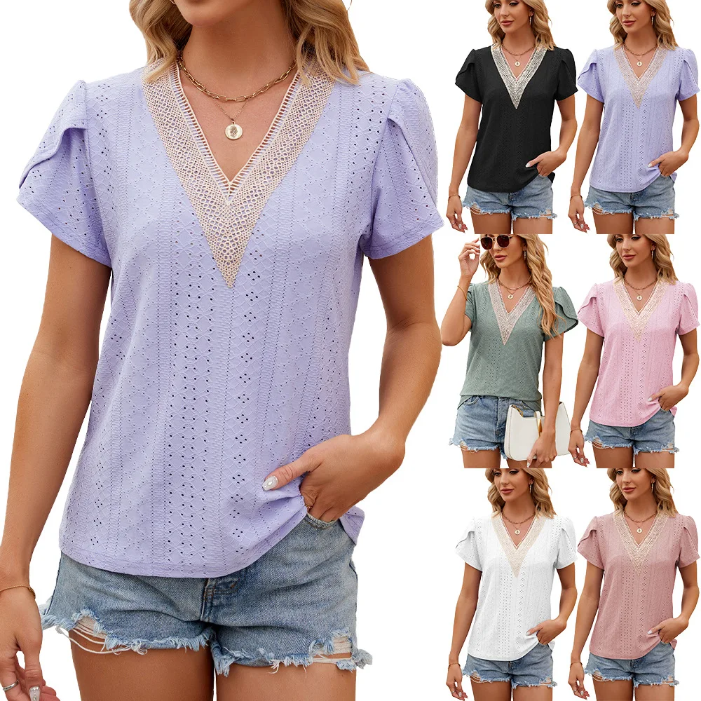 

Women's Lace Stitching Loose Short-Sleeved T-shirt, V-Neck Top, Spring and Summer