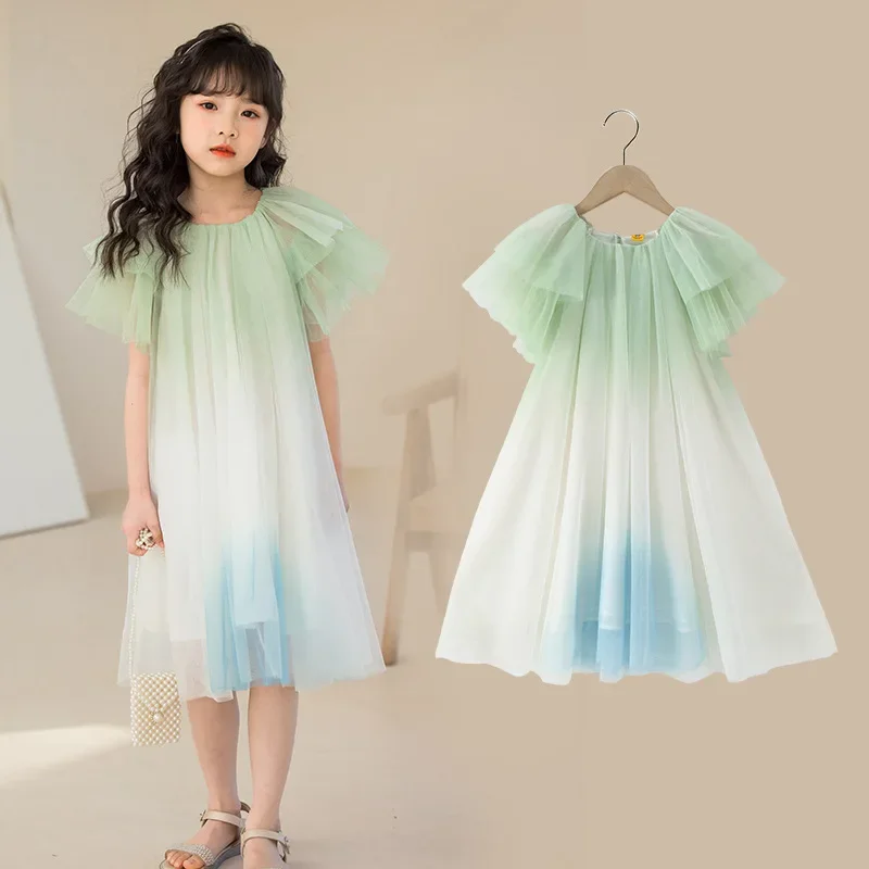 

2024 Korean Summer Junior Girl Dress Elementary Girl Fluffy Gauze Princess Dress Children Girl Gradient Prom Dress