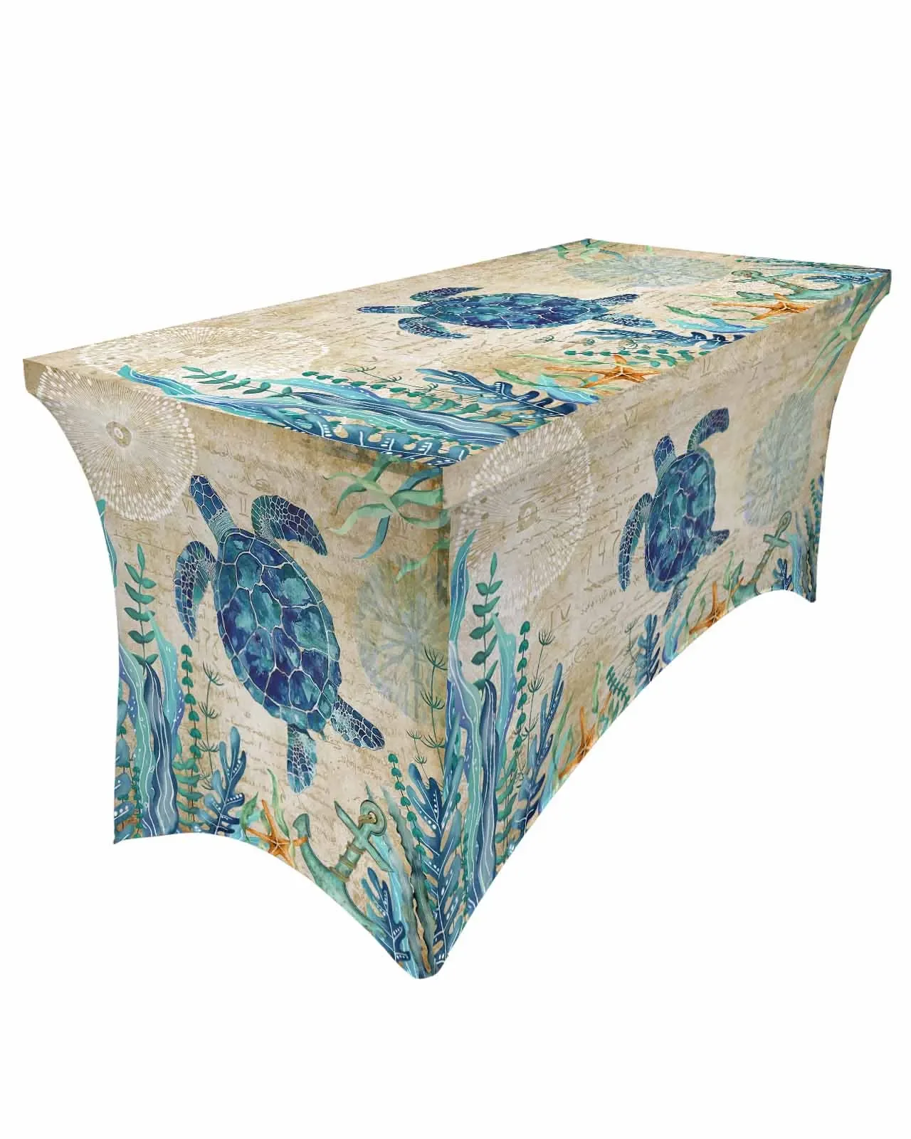 Retro Marine Life Turtle Seaweed Starfish Anchor Rectangular Elastic Table Skirt Wedding Table Cover Kitchen Dining Tablecloth