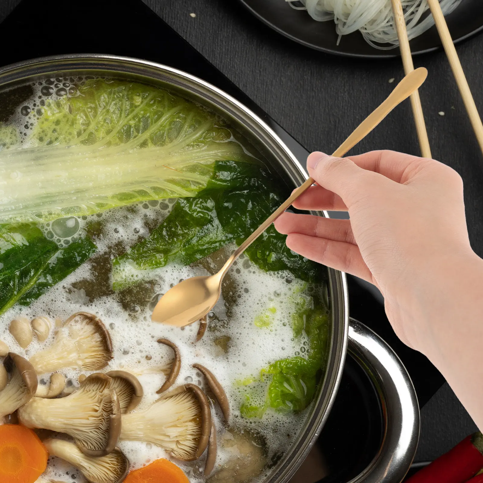 Immagine 7: Set di 6 Cucchiai da Cucina in Acciaio Inox Resistente con Manico Lungo per Controllo di Precisione, Ideali per Caffè, Zuppe, Fonduta e Tè