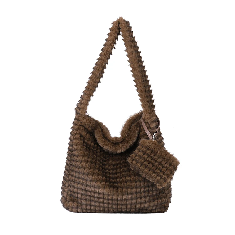 

Зимняя мягкая клетчатая пушистая сумка на плечо, универсальная плюшевая сумка в стиле ретро большой вместимости с маленькими кошельками, теплая сумка-шоппер из искусственного меха, шикарная сумка-шоппер