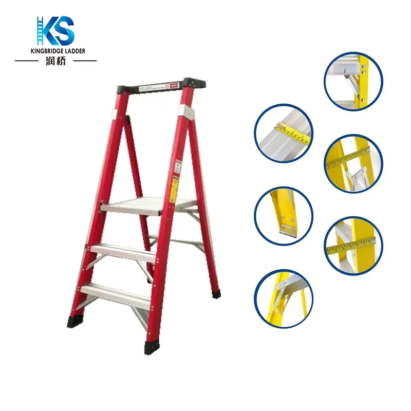 Red Color Portable Fiberglass Folding Platform Ladder with Tool Tray Full Insulation Telescopic Feature Durable FRP Material