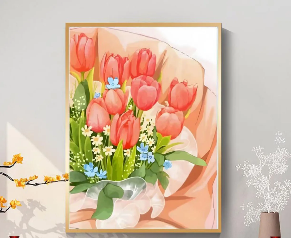 

Embroidered finished product, cross stitch tulip, pure handmade embroidery, flowers, living room, bedroom, dining room, new60*85