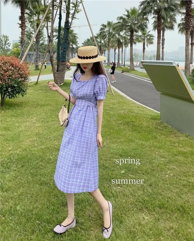 Woman Dress Clothes Cute Midi Plaid Fairy Dresses for Women 2024 Kawaii Orange Sensual Sexy Chic and Elegant Pretty Cotton Xxl X